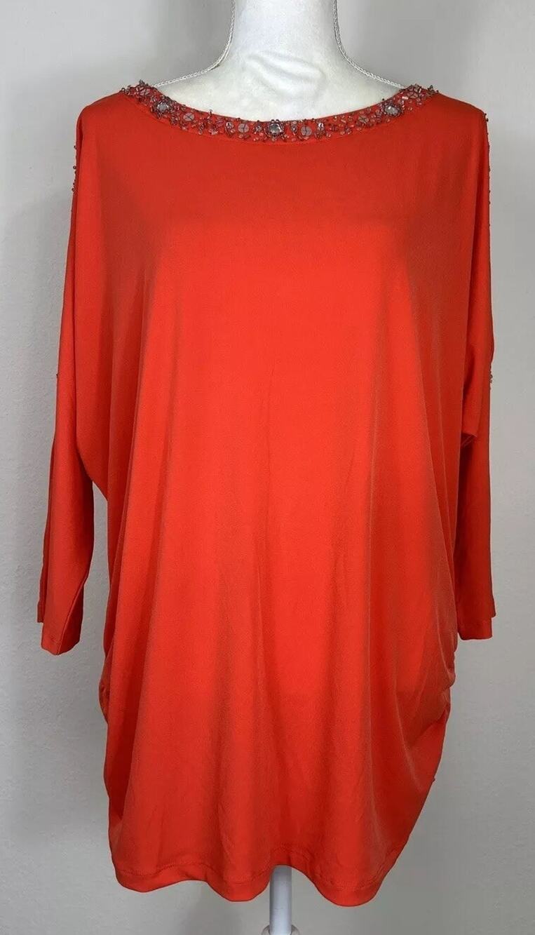 Susan Graver Liquid Knit Cold Shoulder Embellished Top Plus Size 1X Orange